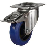 160mm Medium Duty Stainless Steel Swivel Braked Castor with a Blue Elastic Rubber Wheel