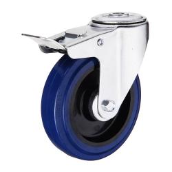 100mm / 80kg Blue Rubber Wheel on Bolt Hole Braked Castor
