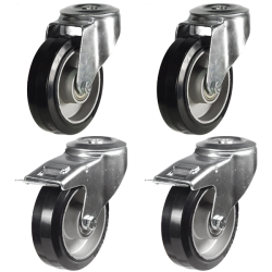 100mm Elastic Rubber Bolt Hole Castors - 540kg - Set of 4 (2 Swivel & 2 Swivel Braked)