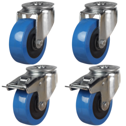 100mm Elastic Polyurethane Nylon Bolt Hole Castors - 750kg - Set of 4 (2 Swivel & 2 Swivel Braked) 100mm Elastic Polyurethane Nylon Bolt Hole Castors - 750kg - Set of 4 (2 Swivel & 2 Swivel Braked)