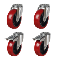 100mm Polyurethane Bolt Hole Castor Wheels - 2 Swivel & 2 Swivel Braked (Set of 4)