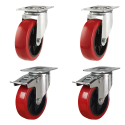 100mm Polyurethane Castor Wheels - 2 Swivel & 2 Swivel Braked (Set of 4)