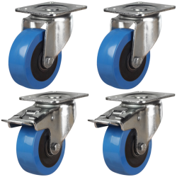 100mm Polyurethane Nylon Castors - 750kg - Set of 4 (2 Swivel & 2 Swivel Braked) 100mm Polyurethane Nylon Castors - 750kg - Set of 4 (2 Swivel & 2 Swivel Braked)