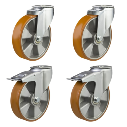 100mm Polyurethane on Aluminium Bolt Hole Castors - 660kg - Set of 4 (2 Swivel & 2 Swivel Braked) 100mm Polyurethane on Aluminium Bolt Hole Castors - 660kg - Set of 4 (2 Swivel & 2 Swivel Braked)