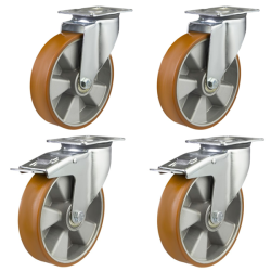 100mm Polyurethane on Aluminium Castors - 660kg - Set of 4 (2 Swivel & 2 Swivel Braked) 100mm Polyurethane on Aluminium Castors - 660kg - Set of 4 (2 Swivel & 2 Swivel Braked)