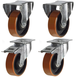 100mm Polyurethane on Cast Iron Castors - 660kg - Set of 4 (2 Fixed & 2 Swivel Braked) 100mm Polyurethane on Cast Iron Castors - 660kg - Set of 4 (2 Fixed & 2 Swivel Braked)