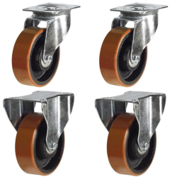 100mm Polyurethane on Cast Iron Castors - 900kg - Set of 4 (2 Swivel & 2 Fixed)