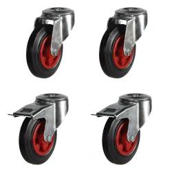 100mm Rubber Bolt Hole Castor Wheels - 2 Swivel & 2 Swivel Braked (Set of 4)