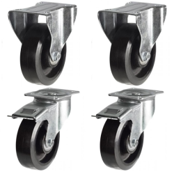 100mm Rubber on Cast Iron Castors - 540kg - Set of 4 (2 Fixed & 2 Swivel Braked)