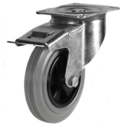 Medium Duty 125mm Non-Marking Grey Rubber Large Plate Swivel Braked Castor - 100kg Load