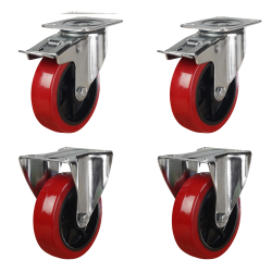 125mm Polyurethane Castor Wheels - 2 Fixed & 2 Swivel Braked (Set of 4)