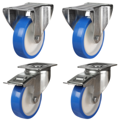 125mm Polyurethane Nylon Castors - 525kg - Set of 4 (2 Fixed & 2 Swivel Braked)