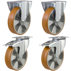 125mm Polyurethane on Aluminium Castors - 810kg - Set of 4 (2 Fixed & 2 Swivel Braked) 125mm Polyurethane on Aluminium Castors - 810kg - Set of 4 (2 Fixed & 2 Swivel Braked)