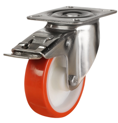 Medium Duty Stainless Steel 125mm Polyurethane on Nylon Swivel Braked Castor - 200kg Load
