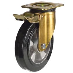 Heavy Duty 160mm Elastic Rubber on Aluminium Swivel Braked Castor - 350kg Load