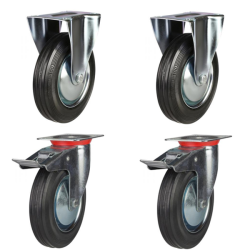 150mm Black Rubber Castors - 2 Fixed & 2 Swivel Braked (Set of 4)