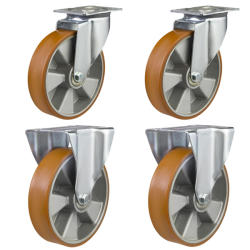 150mm Polyurethane on Aluminium Castors - 1050kg - Set of 4 (2 Swivel & 2 Fixed) 150mm Polyurethane on Aluminium Castors - 1050kg - Set of 4 (2 Swivel & 2 Fixed)