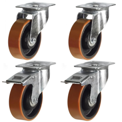 150mm Polyurethane on Cast Iron Castors - 1050kg - Set of 4 (2 Swivel & 2 Swivel Braked)
