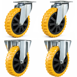150mm Polyurethane on Nylon Castors - 900kg - Set of 4 (2 Fixed & 2 Swivel) 150mm Polyurethane on Nylon Castors - 900kg - Set of 4 (2 Fixed & 2 Swivel)