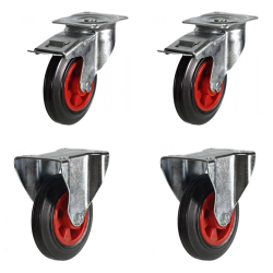 160mm Rubber Castor Wheels - 2 Fixed & 2 Swivel Braked (Set of 4)
