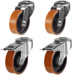 200mm Polyurethane on Cast Iron Bolt Hole Castors - 350kg - Set of 4 (2 Swivel & 2 Swivel Braked)