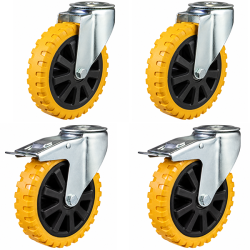 200mm Polyurethane on Nylon Bolt Hole Castors - 1050kg - Set of 4 (2 Swivel & 2 Swivel Braked)