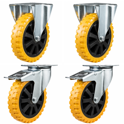 200mm Polyurethane on Nylon Castors - 1050kg - Set of 4 (2 Fixed & 2 Swivel Braked)