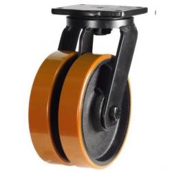 200mm Ultra Heavy Duty Double Wheel Swivel Castor with Biscuit Colour Polyurethane / Cast Iron Wheels