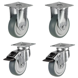 50mm Non-Marking Rubber Castors - 2 Fixed & 2 Swivel Braked (Set of 4)