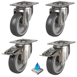 50mm Non-Marking Rubber Stainless Steel Castors - 120kg - Set of 4 (2 Swivel & 2 Swivel Braked) 50mm Non-Marking Rubber Stainless Steel Castors - 120kg - Set of 4 (2 Swivel & 2 Swivel Braked)