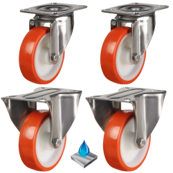 80mm Elastic Polyurethane on Nylon Stainless Steel Castors - 100kg - Set of 4 (2 Fixed & 2 Swivel Braked) 80mm Elastic Polyurethane on Nylon Stainless Steel Castors - 100kg - Set of 4 (2 Fixed & 2 Swivel Braked)