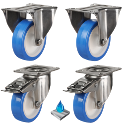 80mm Elastic Polyurethane on Nylon Stainless Steel Castors - 300kg - Set of 4 (2 Fixed & 2 Swivel Braked) 80mm Elastic Polyurethane on Nylon Stainless Steel Castors - 300kg - Set of 4 (2 Fixed & 2 Swivel Braked)