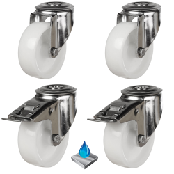 80mm Nylon Stainless Steel Bolt Hole Castors - 600kg - Set of 4 (2 Swivel & 2 Swivel Braked) 80mm Nylon Stainless Steel Bolt Hole Castors - 600kg - Set of 4 (2 Swivel & 2 Swivel Braked)