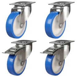 80mm Polyurethane Nylon Castors - 300kg - Set of 4 (2 Swivel & 2 Swivel Braked)