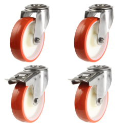 200mm Polyurethane on Nylon Bolt Hole Castors - 1050kg - Set of 4 (2 Swivel & 2 Swivel Braked)