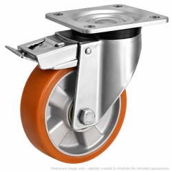 Heavy Duty Stainless Steel 150mm Polyurethane on Aluminium Swivel Braked Castor - 550kg Load