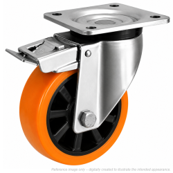 Heavy Duty Stainless Steel 150mm Polyurethane on Nylon Swivel Braked Castor - 500kg Load