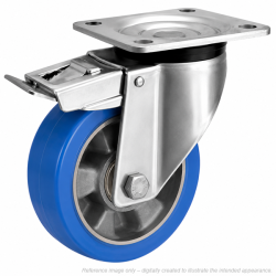 Heavy Duty Stainless Steel 200mm Elastic Polyurethane on Aluminium Swivel Braked Castor - 800kg Load