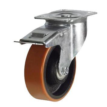 Heavy Duty 100mm Polyurethane on Cast Iron Swivel Braked Castor - 300kg Load