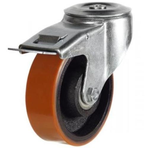 Medium Duty 100mm Polyurethane on Cast Iron Swivel Braked Castor - 220kg Load