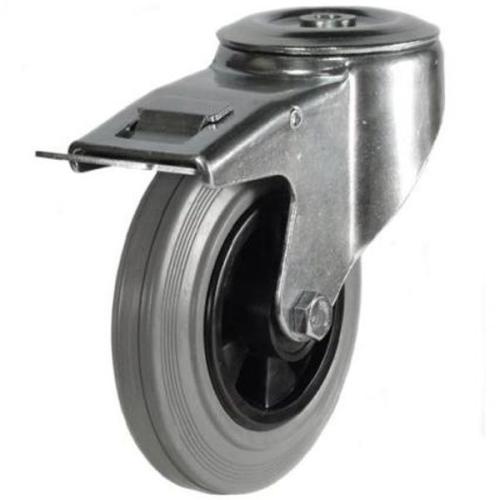 Medium Duty 100mm Non-Marking Grey Rubber Swivel Braked Castor - 75kg Load