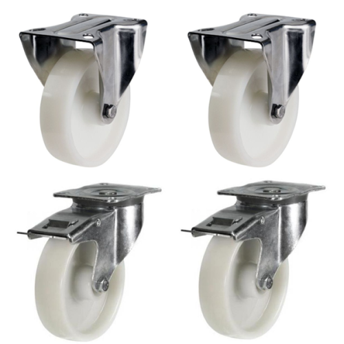 100mm Nylon Castors - 2 Fixed & 2 Swivel Braked (Set of 4)
