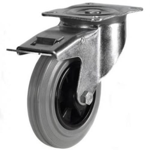 100mm medium duty braked castor grey rubber wheel