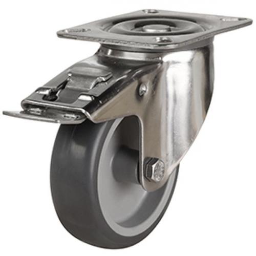 100mm medium duty braked castor grey rubber wheel antistatic