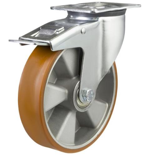 Medium Duty 100mm Polyurethane on Aluminium Swivel Braked Castor - 220kg Load
