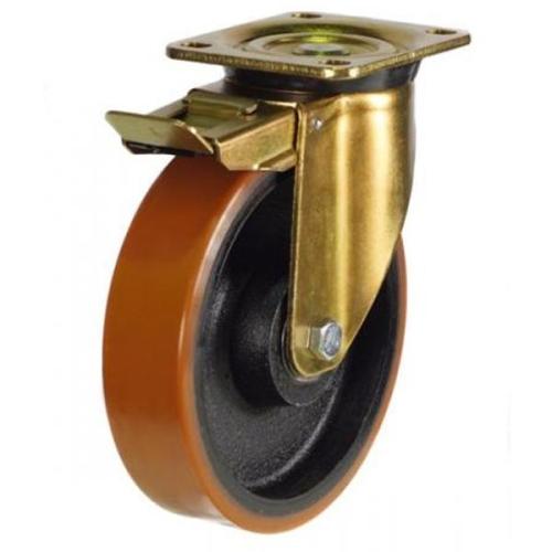 Heavy Duty 150mm Polyurethane on Cast Iron Swivel Braked Castor - 800kg Load