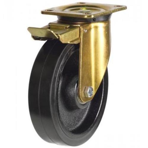 Heavy Duty 150mm Rubber on Cast Iron Swivel Braked Castor - 400kg Load