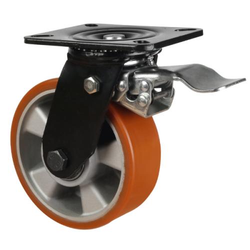 Heavy Duty 150mm Polyurethane on Aluminium Swivel Braked Castor - 500kg Load