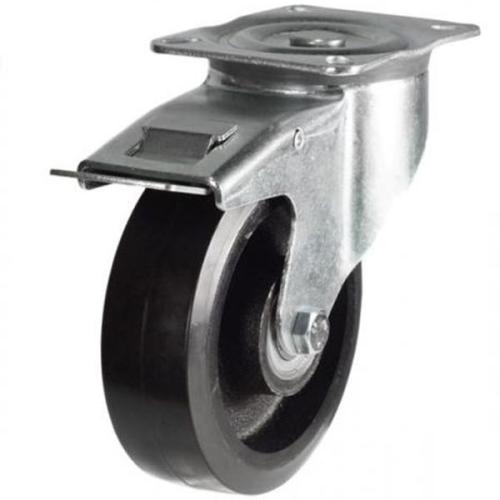 Medium Duty 150mm Rubber on Cast Iron Swivel Braked Castor - 350kg Load