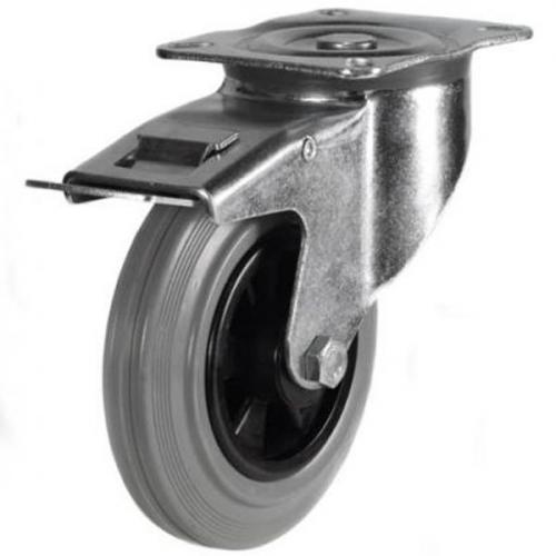 160mm medium duty braked castor grey rubber wheel